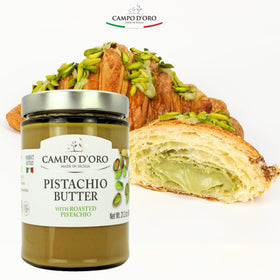 CAMPO D'ORO Pistachio Butter Cream close-up highlights premium pistachios and texture.