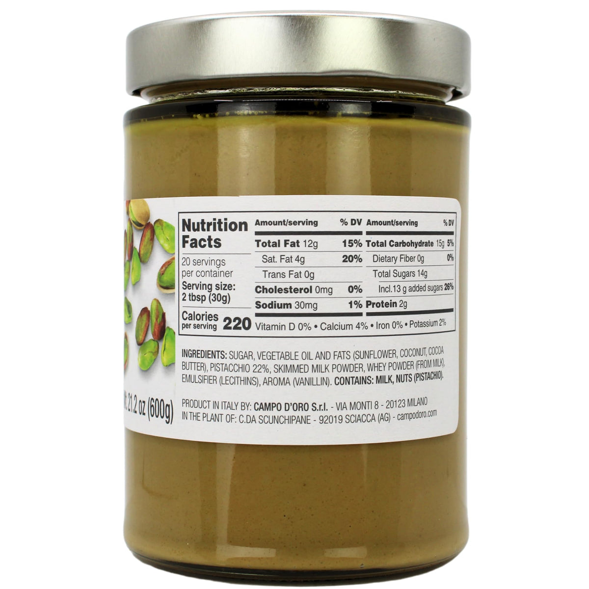 CAMPO D'ORO Pistachio Butter Cream open jar reveals creamy texture ideal for pastries.