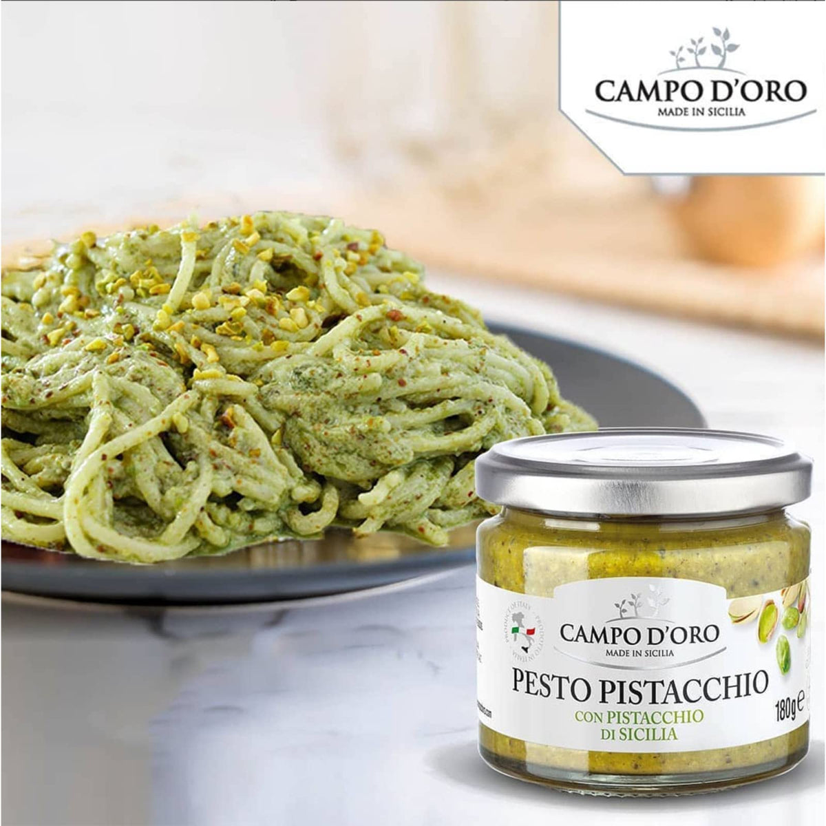 CAMPO D'ORO Pistachio Pesto complements meats with savory pistachio notes