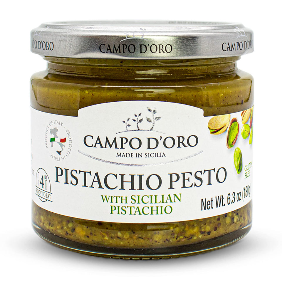 CAMPO D'ORO Pistachio Pesto Paste jar with authentic Sicilian flavor and versatile use