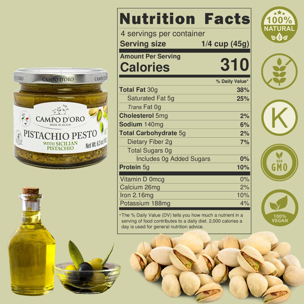 CAMPO D'ORO Pistachio Pesto on crusty bread highlighting creamy spread