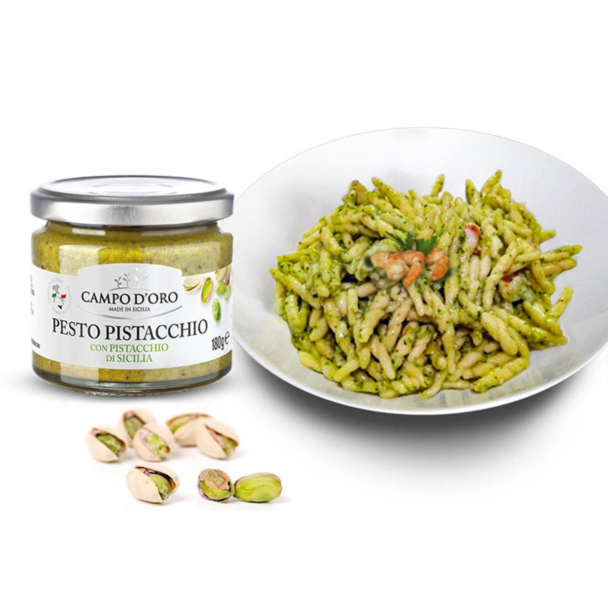 CAMPO D'ORO Pistachio Pesto tossed with pasta for a creamy finish
