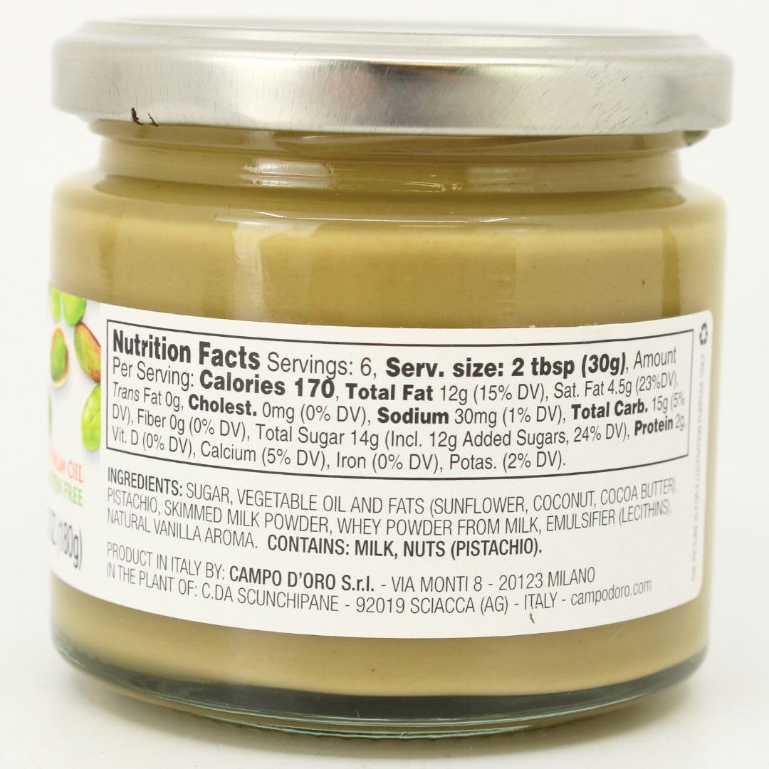 CAMPO D'ORO Pistachio Sweet Spread jar shows velvety texture for breakfasts.
