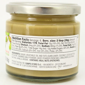 CAMPO D'ORO Pistachio Sweet Spread jar shows velvety texture for breakfasts.