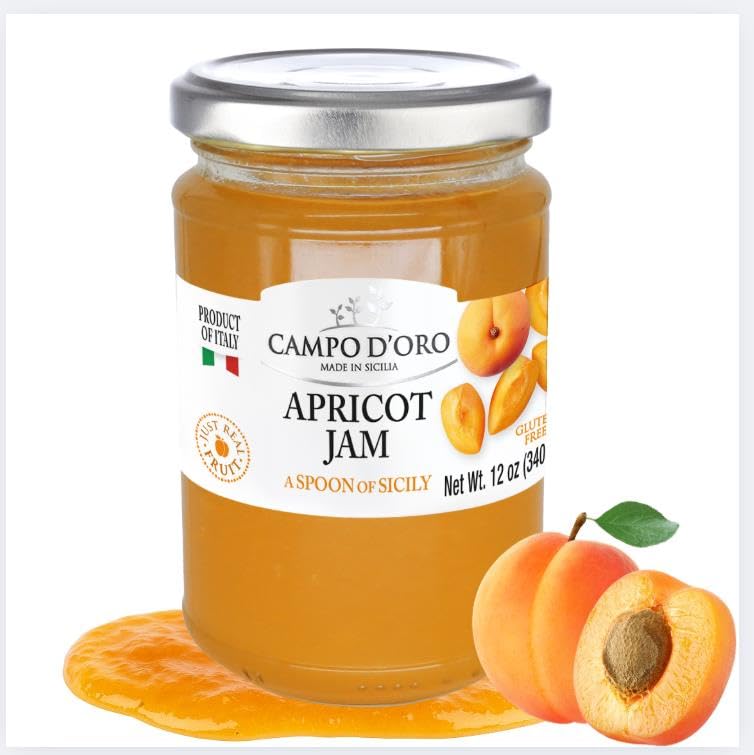 Campo D'Oro apricot jam bottle highlighting sun-kissed flavor for breakfast