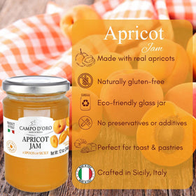Campo D'Oro apricot jam jar close-up with real fruit chunks