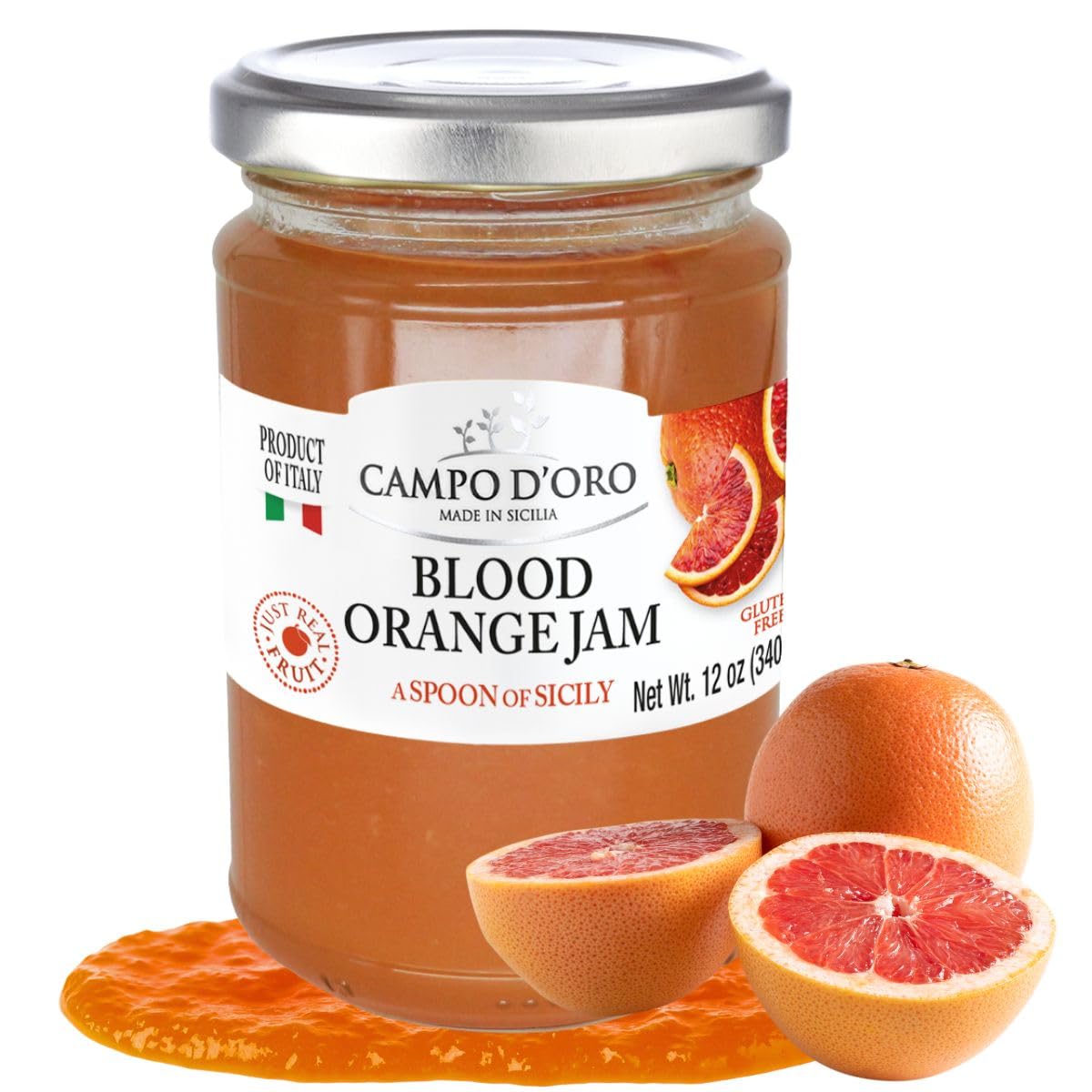 Campo D'Oro Sicilian Blood Orange Marmalade jar shows vivid ruby color and real fruit.