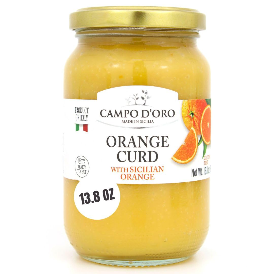 CAMPO D'ORO Sicilian Orange Curd jar close-up showing velvety texture ideal for spreading on toast.