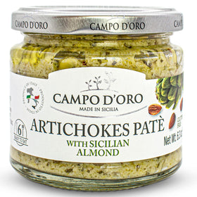 Campo D'Oro Creamy Artichoke Dip jar close-up, velvety texture for flavorful snacking.