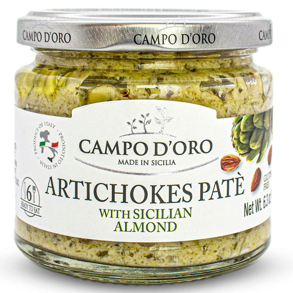 Campo D'Oro Creamy Artichoke Dip jar close-up, velvety texture for flavorful snacking.