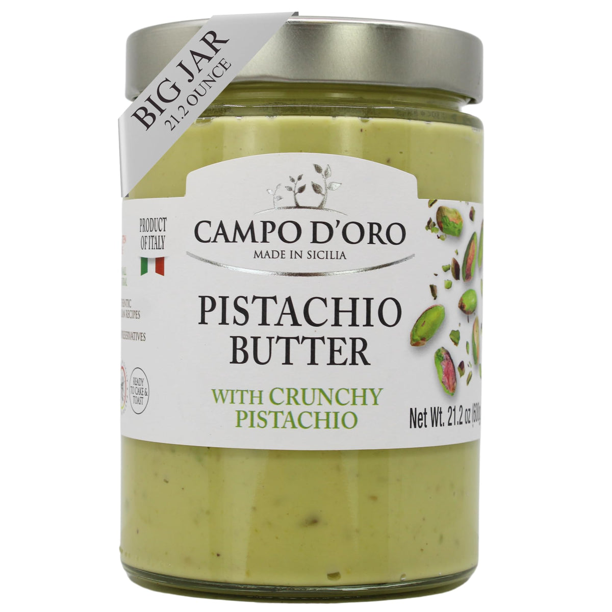 CAMPO D'ORO crunchy pistachio butter bottle—rich, nutty texture.
