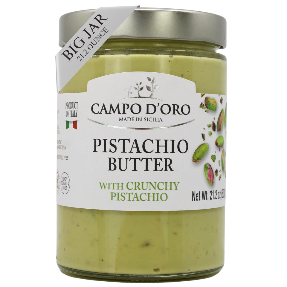 CAMPO D'ORO crunchy pistachio butter bottle—rich, nutty texture.