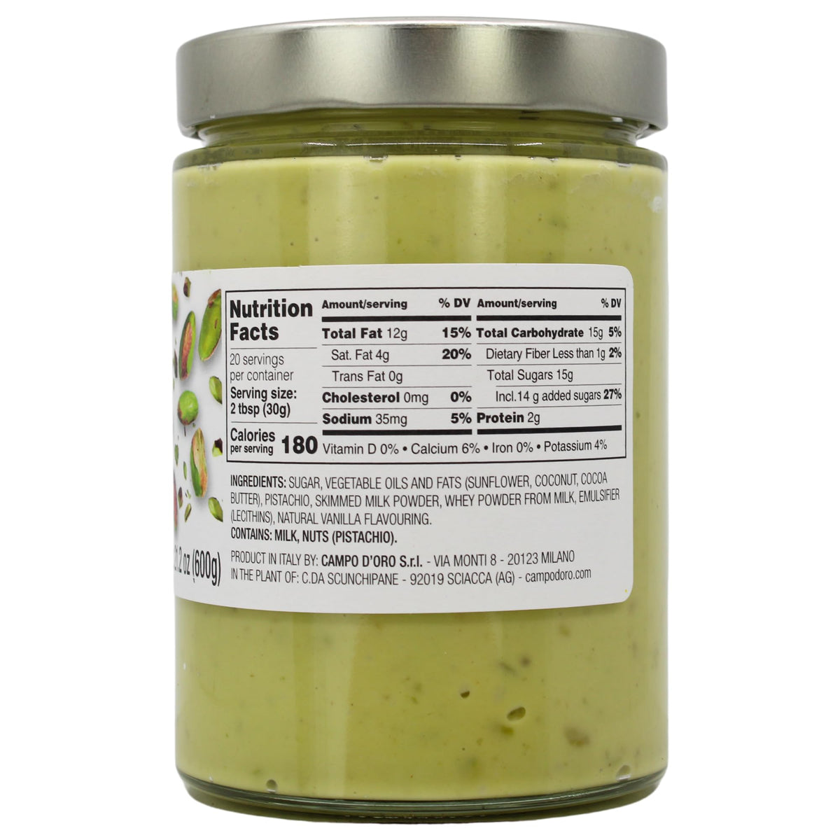 CAMPO D'ORO pistachio spread jar closeup with creamy specks.