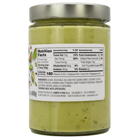 CAMPO D'ORO pistachio spread jar closeup with creamy specks.