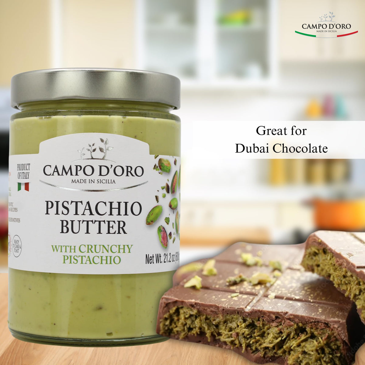 CAMPO D'ORO pistachio spread on toast elevates breakfast flavor.