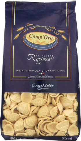Camp'Oro Le Regionali Orecchiette pasta pack with four bags, bronze-die texture for sauce cling