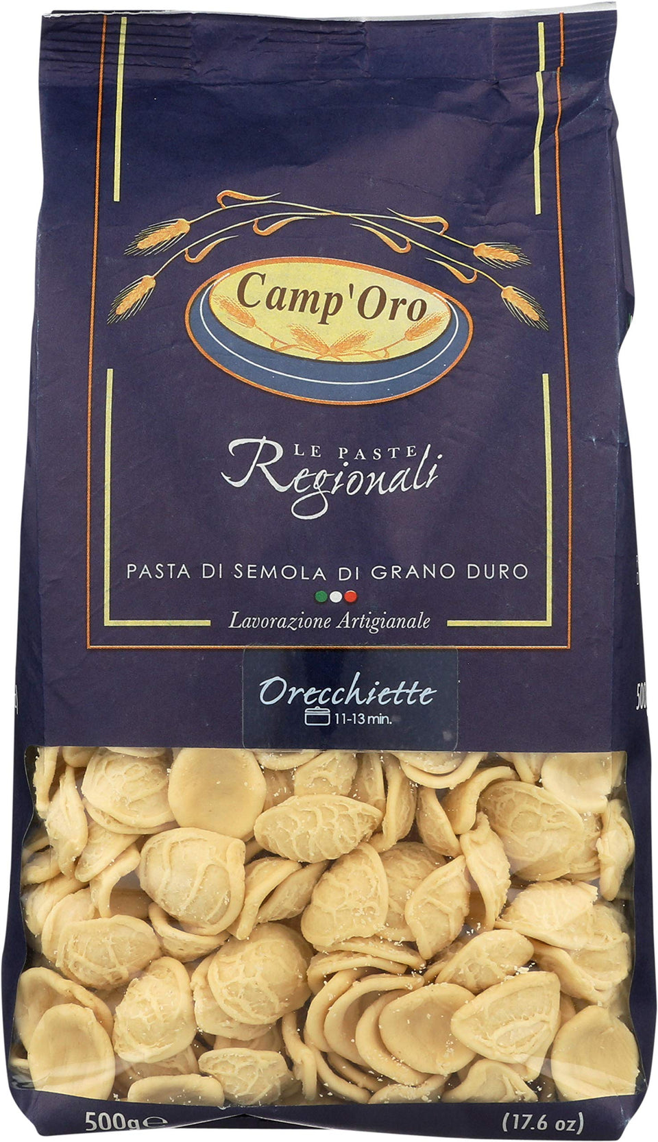 Camp'Oro Le Regionali Orecchiette pasta pack with four bags, bronze-die texture for sauce cling