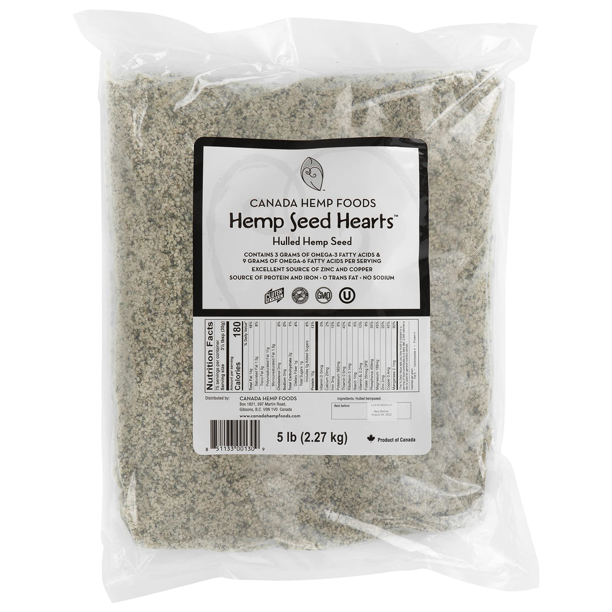Canada Hemp Foods hemp seed hearts in a 5 lb bag, perfect for boosting breakfast with plant protein.