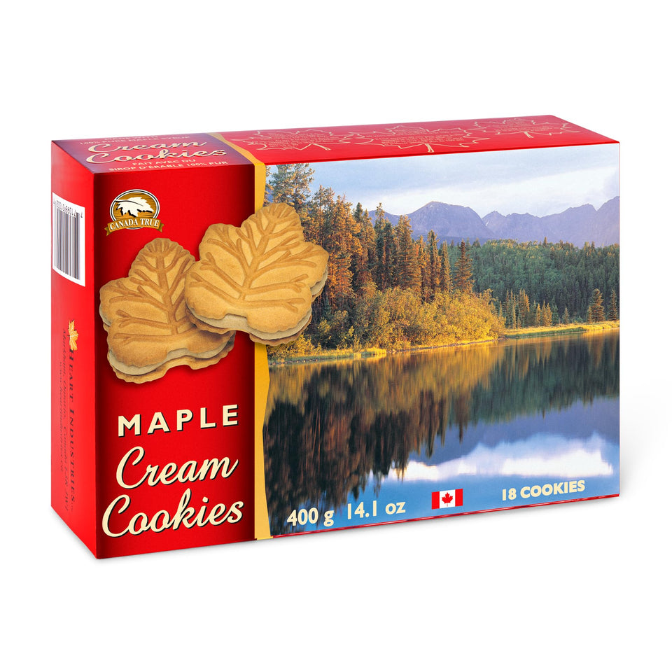 Canada True Premium Maple Cream Cookie with leaf design, a tasty treat for celebrations and gifting.