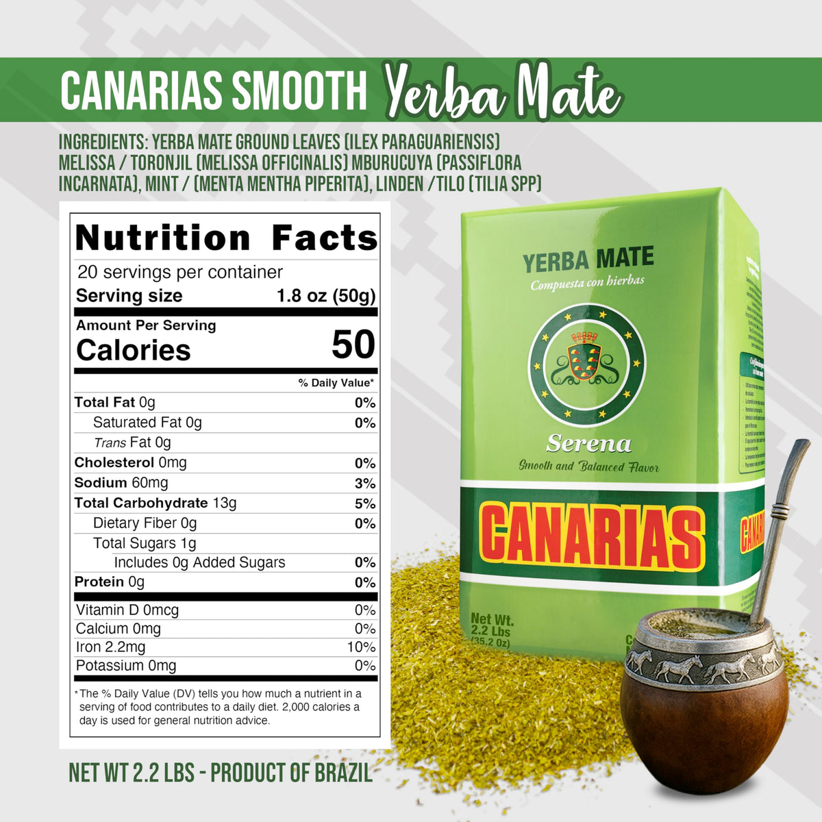 Canarias Serena Yerba Mate ground-leaf close-up suggests smooth, multi-step infusions.