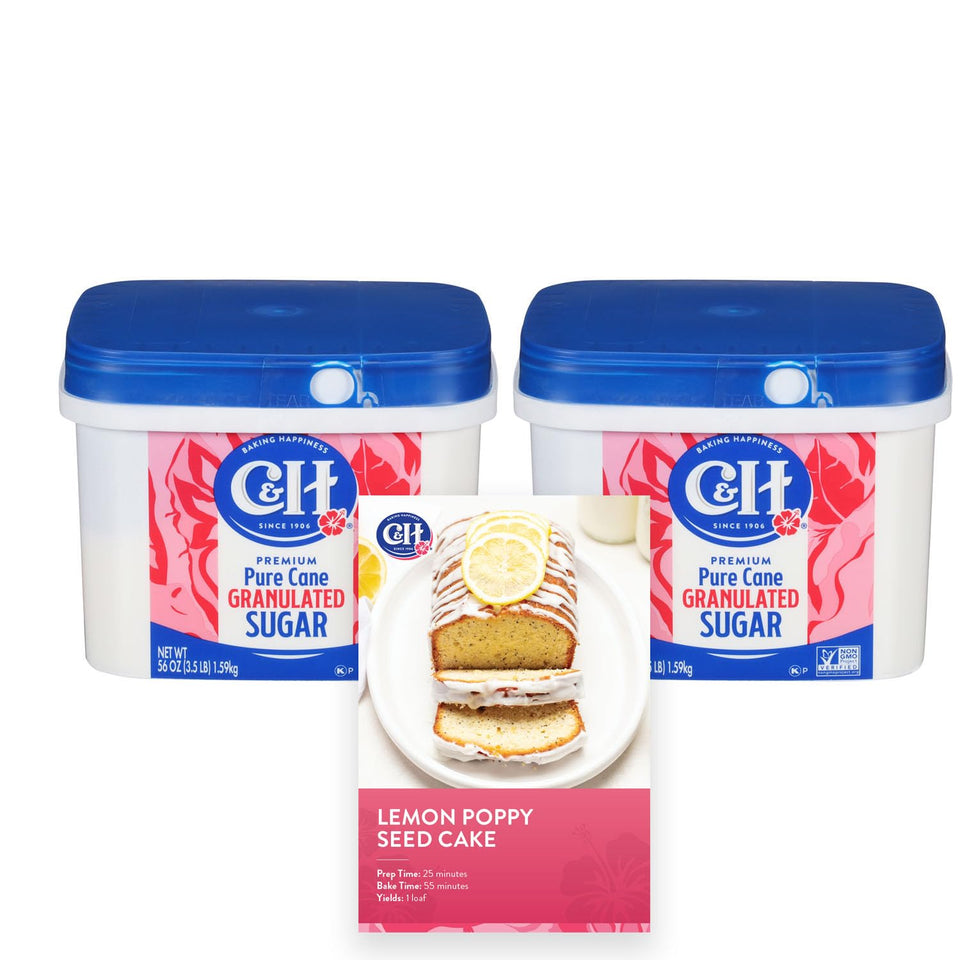 C&H granulated sugar in an easy-baking tub ready for quick scooping.