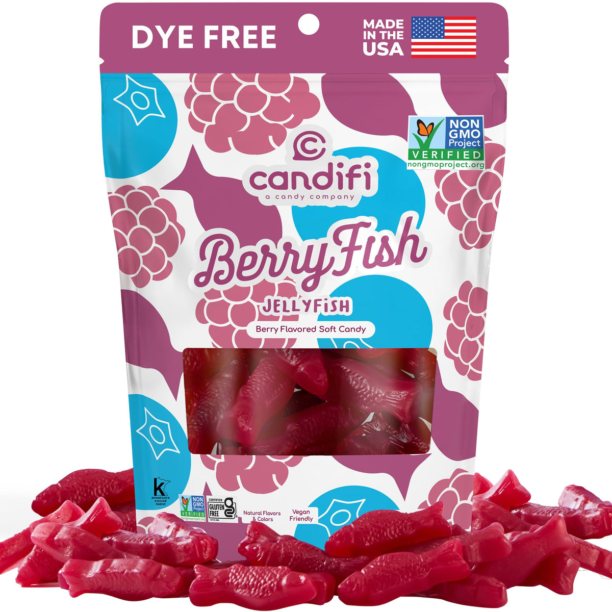 Candifi BerryFish gummy fish candies in berry flavor, a delicious vegan treat.