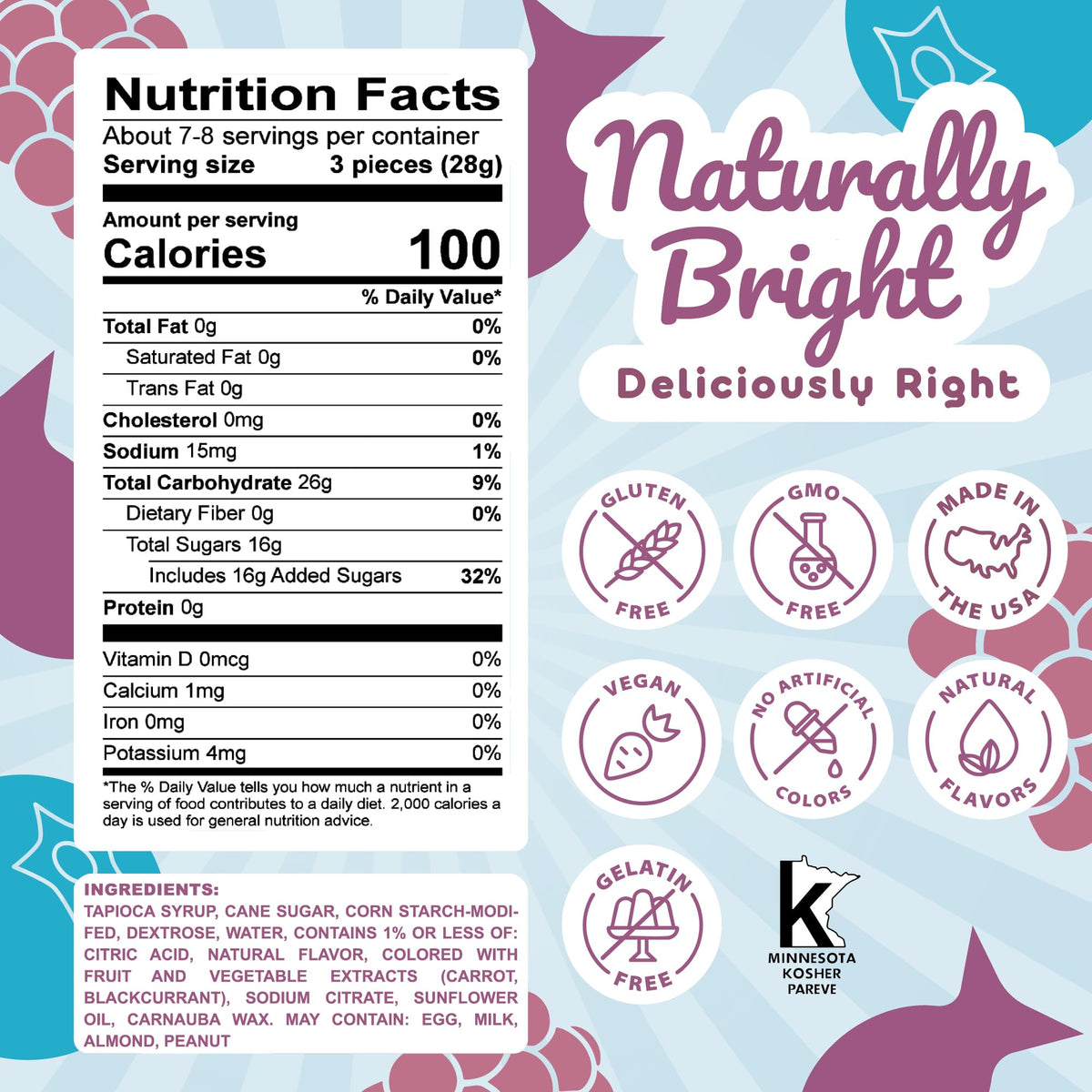 Candifi dye-free candy 8 oz pouch, colorful and naturally colored.