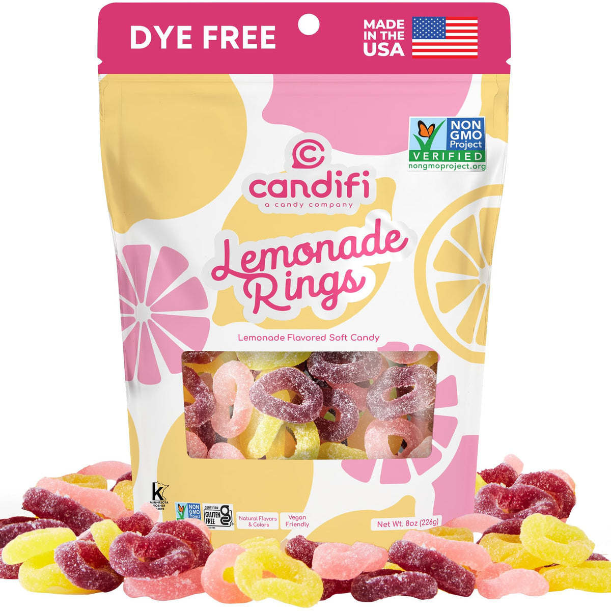 Candifi Lemonade Rings pack shot showing vibrant color and chewy texture for shareable snacking.
