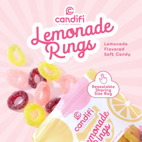 Candifi Lemonade Rings sour coating close-up suggesting bold tang and sweet finish.
