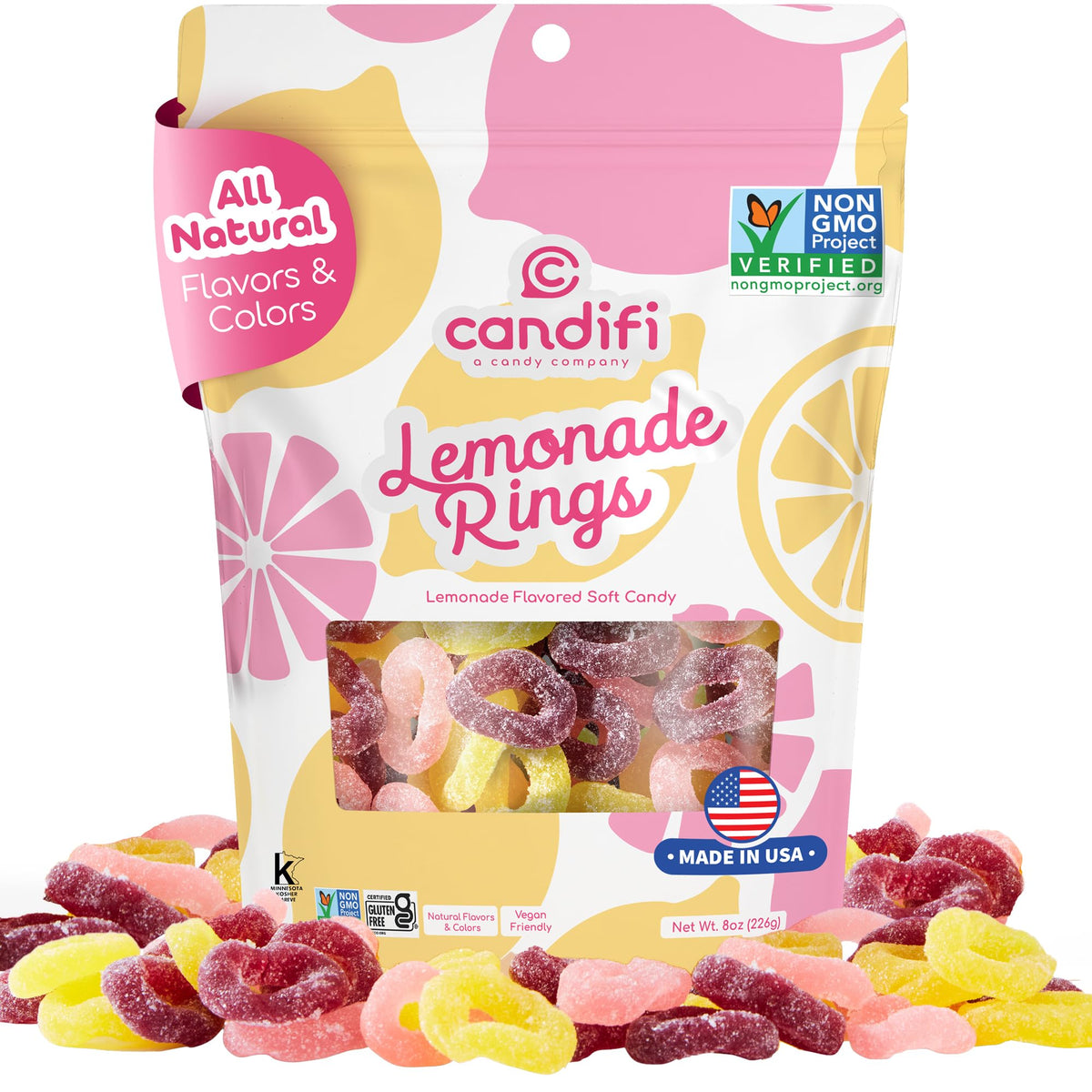 Candifi Lemonade Rings natural dyes close-up showing vibrant colors from real fruit and vegetables.