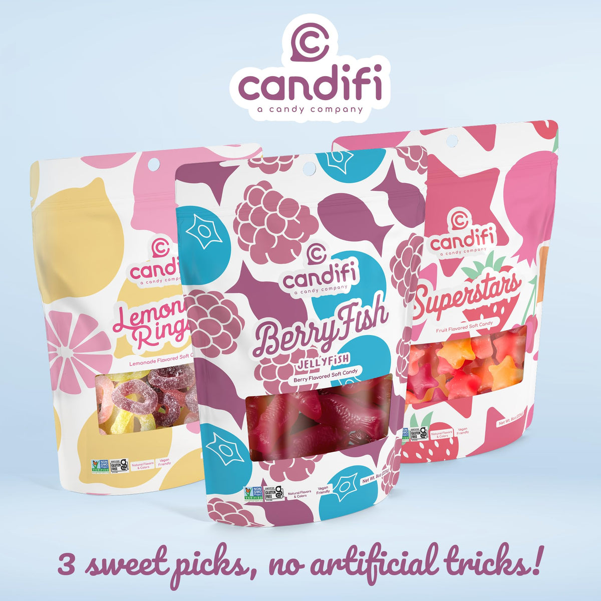 Candifi kosher gummy snacks, suitable for dairy-free and pareve diets.
