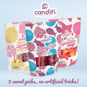 Candifi kosher gummy snacks, suitable for dairy-free and pareve diets.