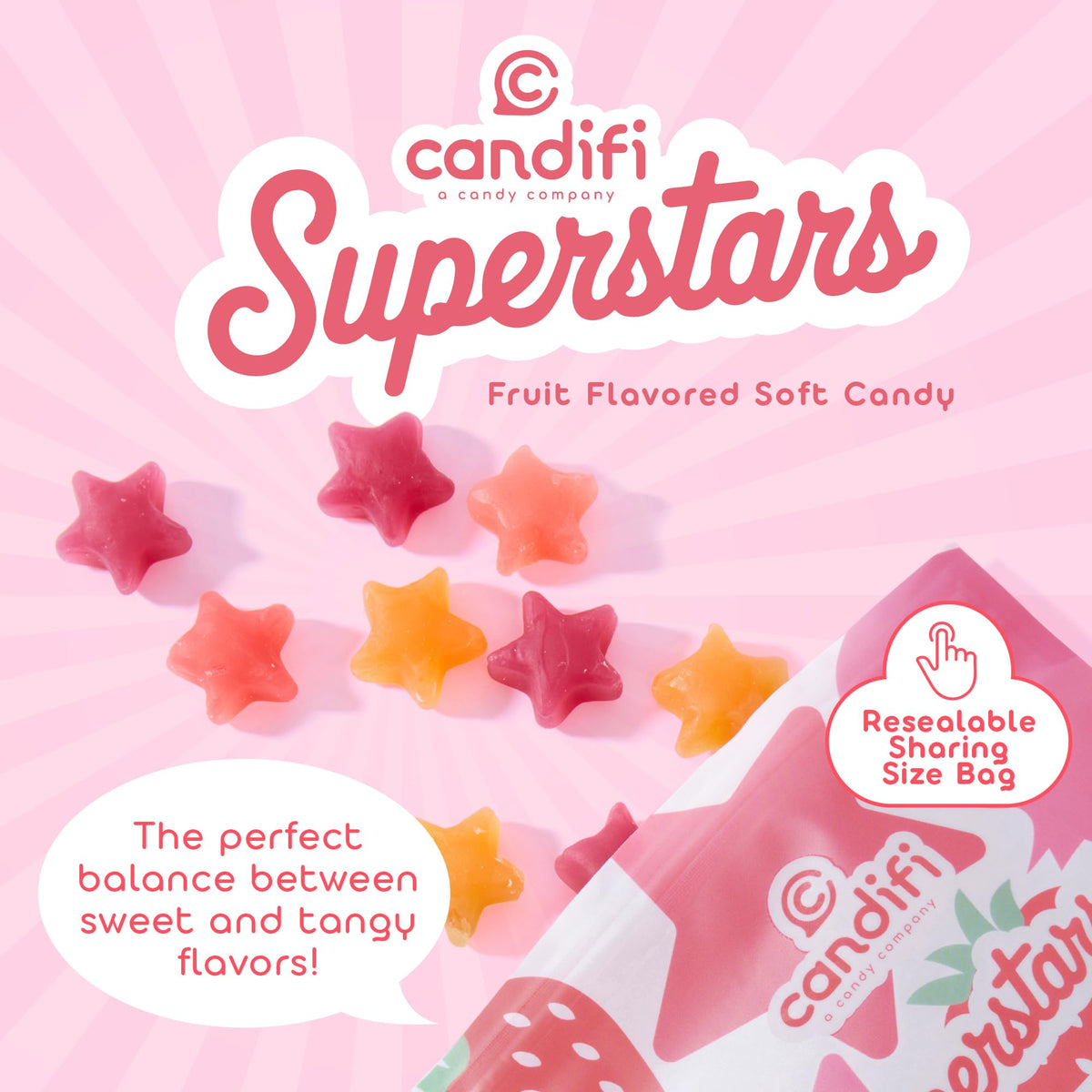 Close-up of Candifi Superstars chewy star gummies ideal for lunchboxes