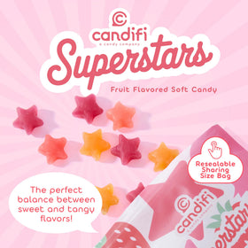 Close-up of Candifi Superstars chewy star gummies ideal for lunchboxes