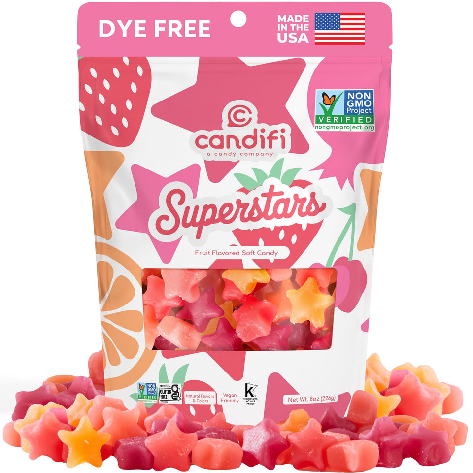 Candifi Superstars gummies in star shapes inside resealable bag for shareable snacking