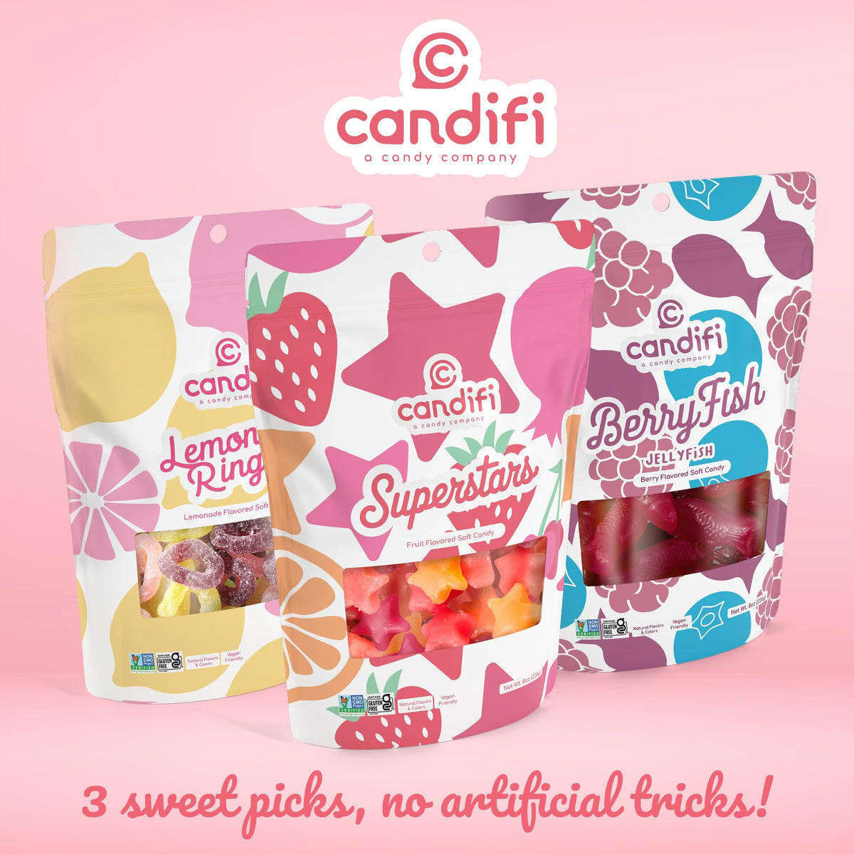 Candifi Superstars kosher gummy snacks in vibrant fruit colors