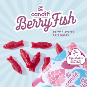 Candifi Swedish-style fish gummies with berry flavor, a fun snack for kids.