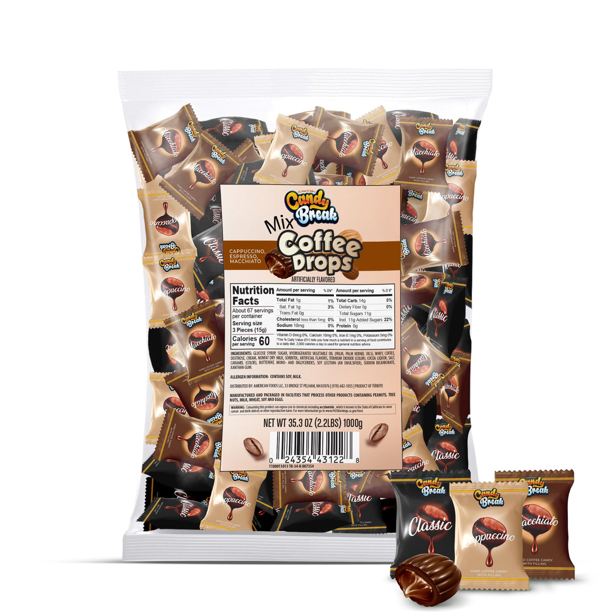 Candy Break Coffee Drops bag front shows flavor trio branding