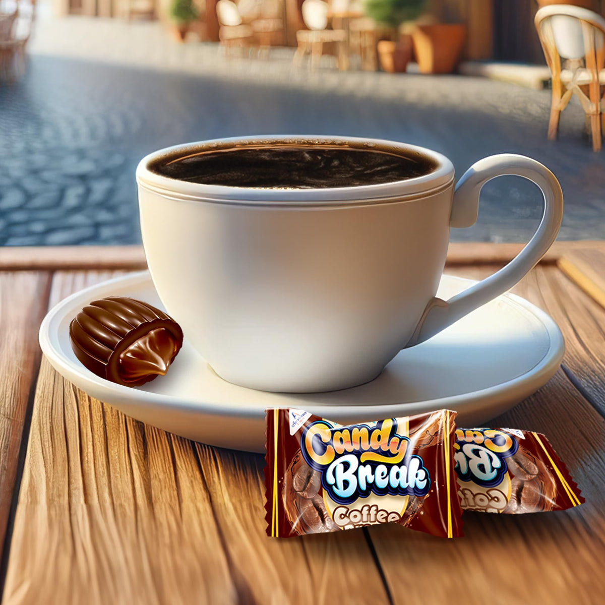 Close-up reveals the center-filled core of Candy Break Coffee Drops.