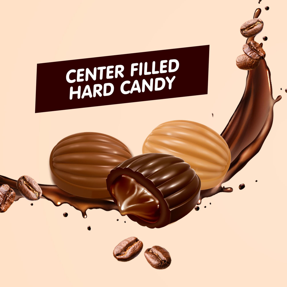 Cross-section reveals coffee-flavored center inside each candy