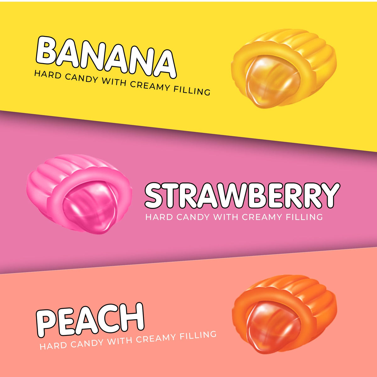 Candy Break strawberry center-filled candy blends bright fruit flavor with a rich creamy core.