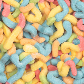 Candy Break Sour Neon Worms variety pack display shows chewy textures for all ages
