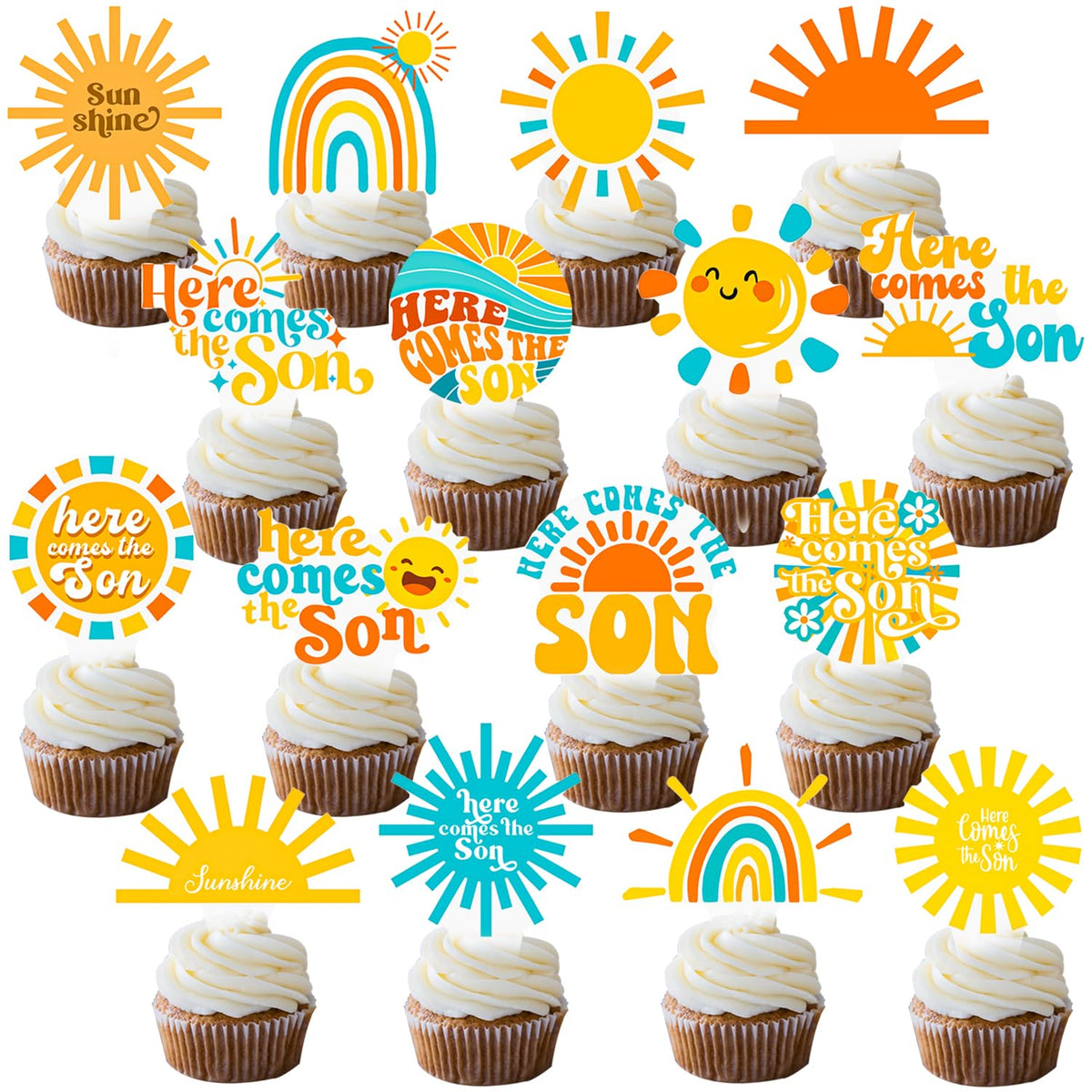 CANDY CHEF Here Comes the Sun toppers with 24 sun patterns for vibrant party decor