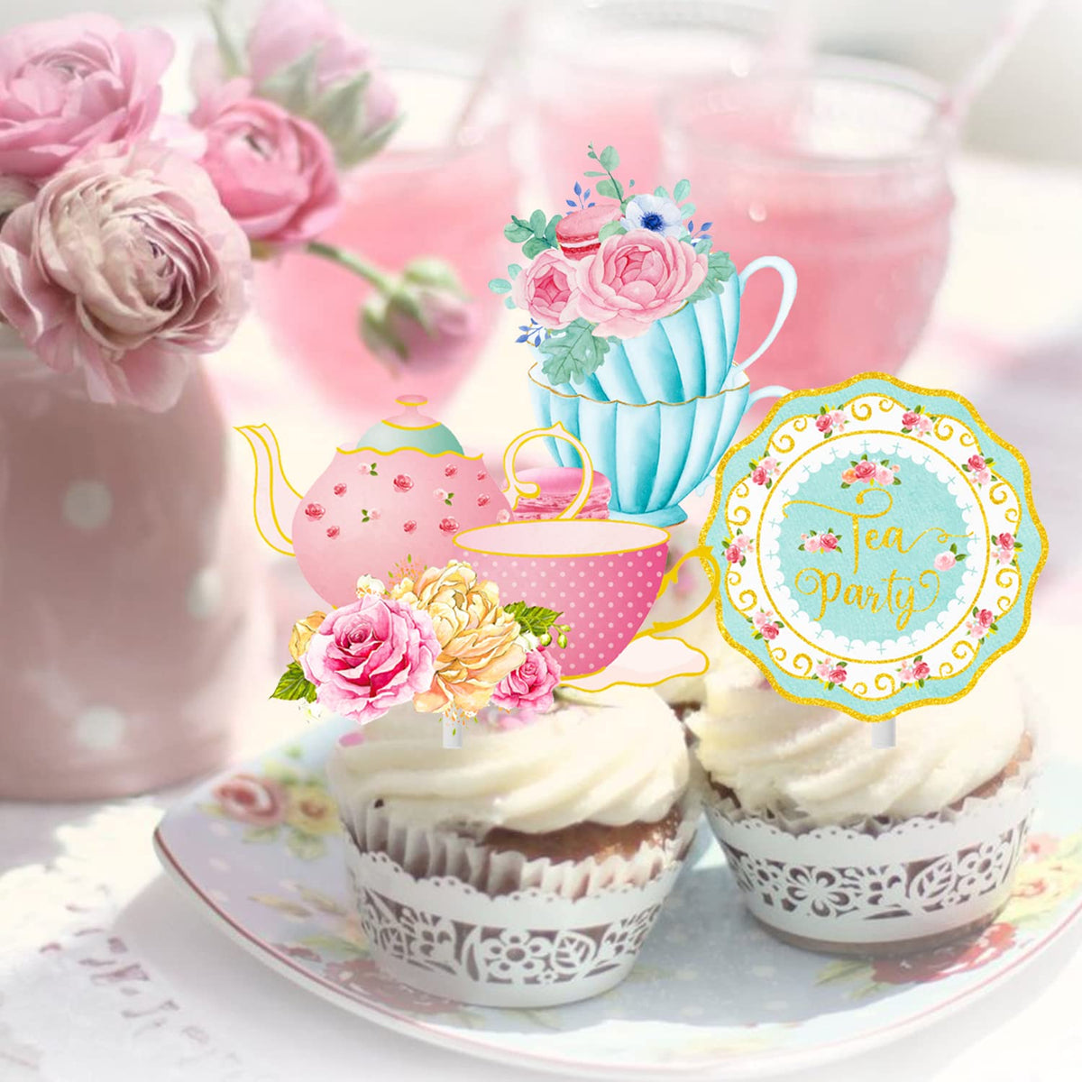 Candy Chef pink blue toppers highlight pastel tea party theme