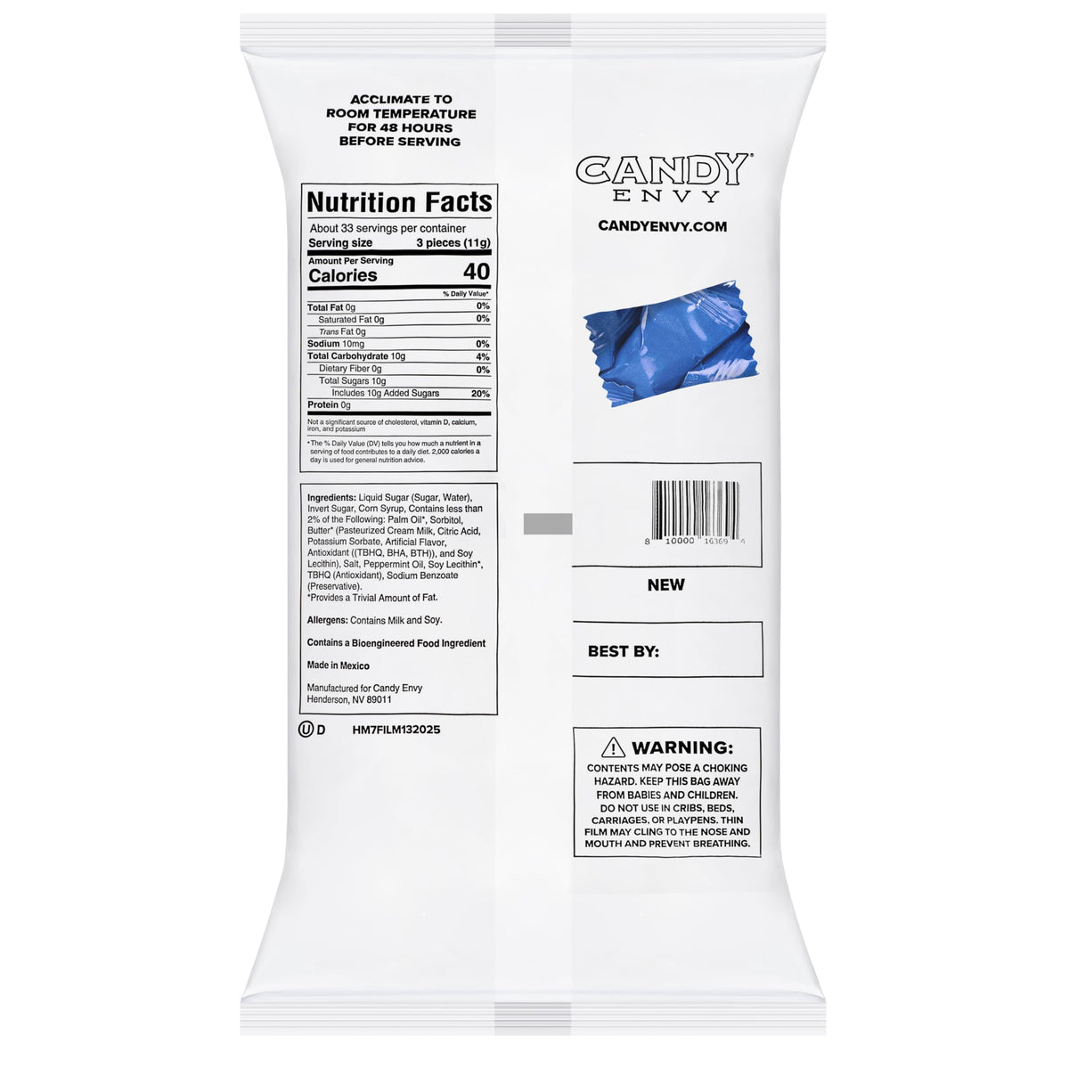 Candy Envy 13oz bag contains about 100 mints per bag.