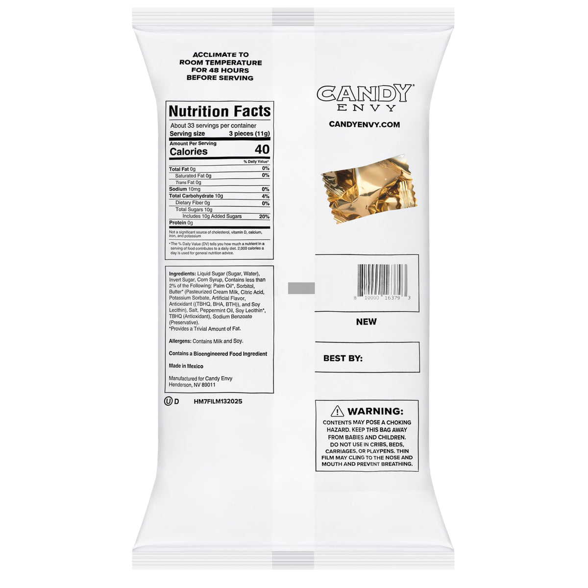 Sealed 13oz bag with gold wrappers communicates a premium, ready-to-serve option.