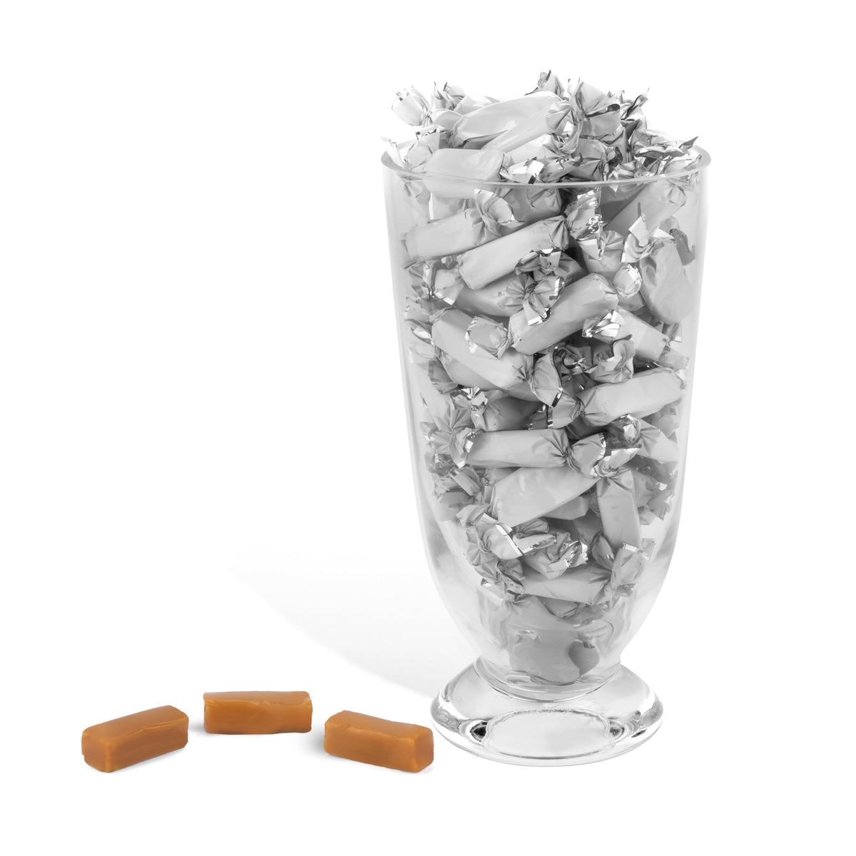White wrappers highlight Candy Envy caramels while the caramel color remains inside.