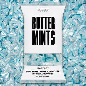Candy Envy Baby Boy Buttermints 13oz bag displayed for baby shower favors.