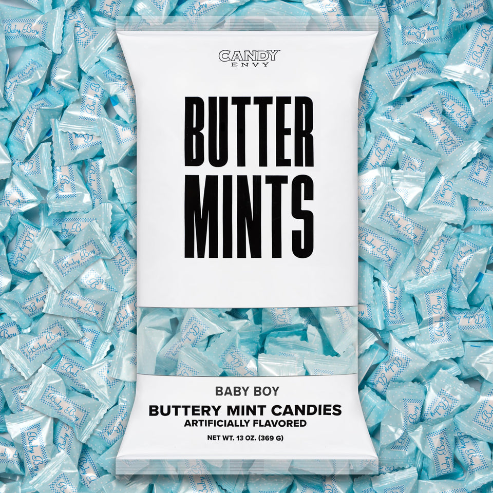Candy Envy Baby Boy Buttermints 13oz bag displayed for baby shower favors.