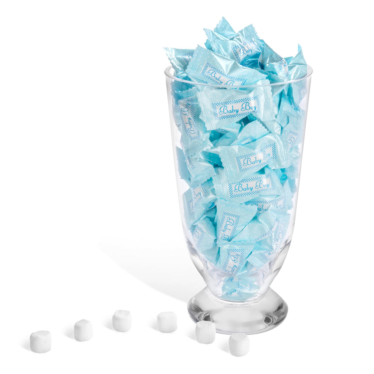 Candy Envy Baby Boy Buttermints bag open, ready to share at baby shower.